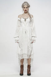 Robe gothique blanche à épaules dénudées avec manches longues bouffantes et volants en mesh pour femmes